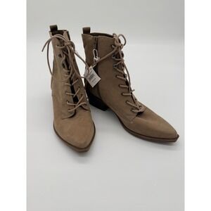 American Eagle Tan Faux Suede Lace Up Pointed Toe Block Heel Ankle Boots Size 9